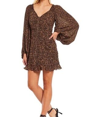Ted Baker Brown Printed Balloon-Sleeve Mini Dress